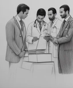 Pencil sketch of Four doctors are discussing ، on lined paper