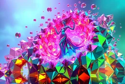 very complex CIFY structure ,pretty viberating color environment 3d metalic and crystal recursive evolving and animating beveled geometric base very complex CIFY structure emiting bubbles that broke, goddess of love in a pretty modern dress comes out dancing fast hip hop, viberating color moving very in modern city escap environment while camera tracking it.write in down screen 3d animating"Made in PixVerse By:J.Babakan"