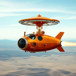 award winning photograph of a steampunk house-fly ufo dirigible designed by only one vehicle per image painted metallic orange traveling at a high rate of speed, jet intake off of front center of vehicle and jet exhaust out the rear bilaterally symetrical,