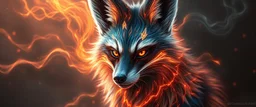 close up portrait of a plasma racoon fox king flickers like hypnotic fire in geometric shapes like a dna swirl of time and a fearsome planeswalker covered in powerful runes
