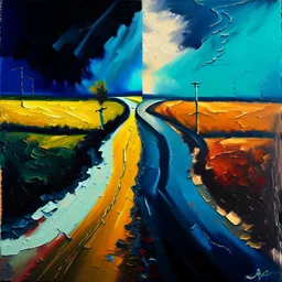 two roads diverged , art, oil colors, cheerfull