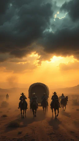 Bosch painting style nightmare , 3D ,a cowboys wagon guarded by cowboys on horses ,dramatic misty scene of the sunset time in a stormy weather in the desert background, high Quality picture , 8k
