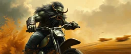 portrait of orc, mega blasting fast, so freaking fast, faster than a greased muscle shiny cowboy disco funk fusion fluffy man gremlin monkey pig on a runaway mud black veteran buss truck jumping over the cliff . speed and energy, painted by Rembrandt and fallout 4, straight down a muddy slide, beside an orc motorcyclist