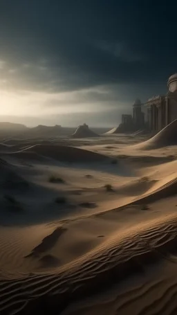 realistic photo of a landscape covered in sands that looks futuristic with futuristic lighting