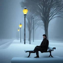 man sitting on a park bench wearing a trench coat, streets of new year covered in snow, dramatic, dramatic lighting, volumetric lighting, hyperrealism, 8k, high quality, photorealistic, lot of details