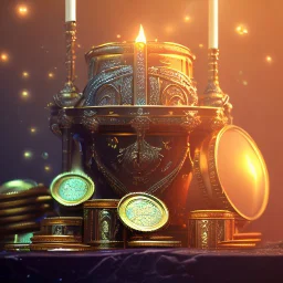 dynamic lighting, Intricately detailed, Splash screen art, deep color, Unreal Engine, volumetric lighting, silver coins, gold coins, silver treasure, stacked coins, indoors, candle, altar,