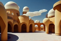 A surreal town with arches and domes, clouds and with long shadows by artist "Berndnaut" and "Leonora Carrington" and "de Chirico"