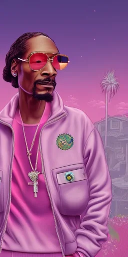 Snoop dogg. a chair. pink houses, pink sky, pink smoke, trees