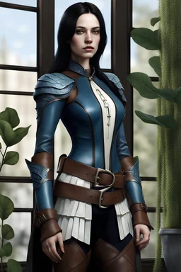 beautiful pale skin female, half elf, black silky straight shoulder length hair, blue leather armor with white frills, shoulder to waist belt, brown travelling boots, standing near window, plant on pot, brown dark eyes, realism, realistic, photorealistic, fullbody shot