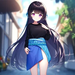 Clear focus,High resolution, Black long fluffy hair, and purple eyes, wearing a blue shorts,white shirt,black sweater wrapped around waist, Loli