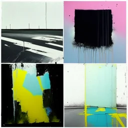 Minimal abstract oil paintings cheerful happy colours desolate 1960s carpark concrete fragments style of Justin Mortimer and Francis Bacon. road markings.