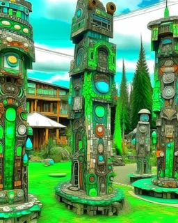 A green mechanical village with crystals designed in pacific Northwest totem poles painted by Claude Monet
