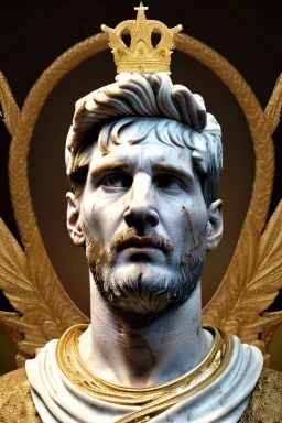 Realistic image, Roman sculpture made in white marble with gold veins, Lionel messi with gold laurel leaves crown, decorative star on the chest, waist up portrait, marble material, gold ornaments, Baroque style, sun rays background, epic, celestial, cinematic lighting, God lights, 4k resolution, smooth details, soft lighting, unreal engine 5, art station, substance 3d.