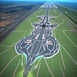 Vista aérea simétrica de un aeropuerto en forma de mariposa, espectacular, impactante, calidad ultra, maximalista, 8k 3D