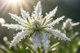 edelweiss con gocce di rugiada su sfondo di raggi di sole