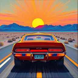 oil painting with a golden age of comics aesthetics, dramatic tilted angle rear view of a super muscle car driving down a desert highway toward a brilliant sun, dynamic composition, artistic, vaporwave, license plate text "LATER..."