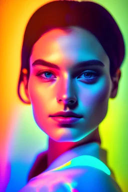 a dynamic photograph of a 25 year old woman , iluminated by colored light in front of a plain color background, volumetric lighting, iridescent, captivating gaze, beautiful composition in sharp focus, shot on Leica M10, coverart, vibrant lighting , Hyper realistic, sharpen focus