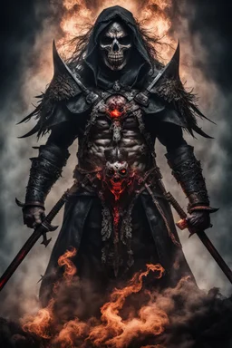 an insane warrior with his chest made of bones and eyes made of smoke. dark horror setting. terrifying horror backgrund. blood, guts, gore. visceral. fighting a fiend.