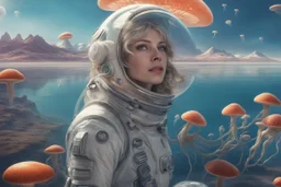 woman in a spacesuit, on the shores of an alien world, with mushrooms, with jellyfish tentacles floating in the air, photorealistic, Detailed Matte Painting, Deep Colour, Fantastical, Intricate Detail, sunshine, blue sky