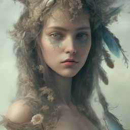 Portrait of beautiful girl, plant, metal, feathers, Dryad, fae, sidhe, ominous, nature, plants, wildflower, facepaint, dnd character portrait, intricate, oil on canvas, masterpiece, expert, insanely detailed, 4k resolution, retroanime style, cute big circular reflective eyes, cinematic smooth, intricate detail , soft smooth lighting, soft pastel colors, painted Renaissance style,bokeh, 800mm lens