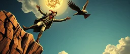 the harlekin or fool from major arcana tarot,dancing joyfully on the edge of a cliff streching for a bird leaning into the air, seen from below, close up portrait of dj magic farmer pilot looking down on cam, with background in the style of escher and giger, a chill contrapunctus fugue in the style of fsol, beethoven, held up and protected from disaster
