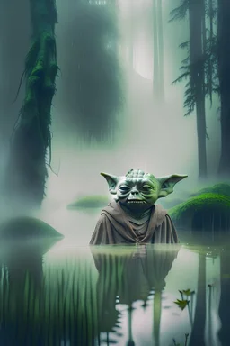 Earthy Yoda upclose in lake surrounded by foggy forest