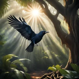 Hyper Realistic photographic-view of Koel Bird Flying outside a thick old tree inside a jungle with sunlight-rays showing dramatic & cinematic ambiance