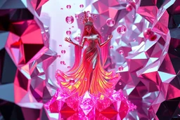 very complex 3d structure ,pretty viberating color environment 3d metalic and crystal recursive evolving and animating beveled geometric base very complex CIFY structure emiting bubbles that broke, goddess of love in a pretty modern dress comes out dancing fast hip hop, viberating color moving very in modern city escap environment while camera tracking it.write in down screen 3d animating"Made in Qwen By:J.Babakan"