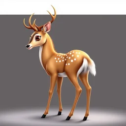 full body of a bald white tail deer with antlers, sultry, seductive, standing with big smile facing the left and big eyes looking to the left , tail upward, on flat background, in the style of 'My Little Pony' and Bambi, fantastic lighting