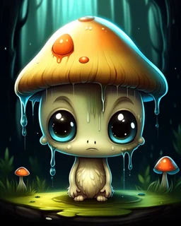 A melancholic creepy kawaii mushroom with a tiny, frowning mouth and big droopy eyes, sitting on a mossy log in a quiet and peaceful forest, lost in its own thoughtsto add personality, outline