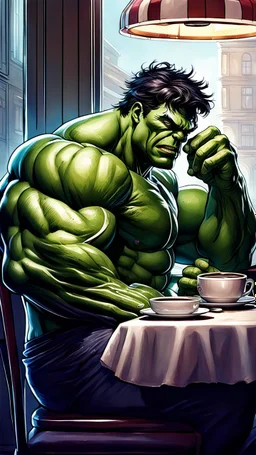 Artgerm, hulk sitting at a cosy diner, having a coffee, vain attitute, serenity, detailed, 8k, q2