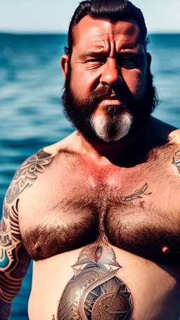 photography of a burly marocan fisherman sunbathing on a fisher wooden boat, in little french pants, tattoo, manly chest, ugly, 44 years old, bullneck, white long beard, dreadlocks, muscular chubby, screaming, angry eyes, photorealistic, Canon EOS, 8k