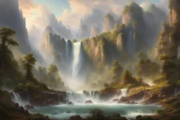 A scene of a Beautiful giant Goddes overlay with a majestic mountain range, with a cascading waterfall and lush greenery, in the style of Albert Bierstadt and Thomas Moran, with a sense of grandeur and awe-inspiring beauty.