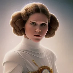 star wars death star background, complete and photo realistic detailed head to waist stunning photo realistic portrait of young carrie fisher as Princess Leia in star wars with photo realistic hairstyle by Mandy Jurgens and mucha and Richard Schmid and chuck close and chie yoshii, extraordinary and detailed ceremony dress of star wars,brown eyes