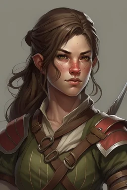 older broad female half elf brown hair fighter