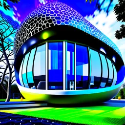 Drawing Zaha Hadid style egg-shaped country house colors black white blue and yellow