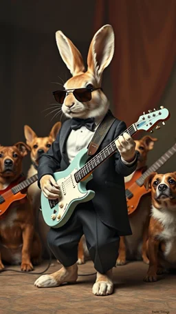 A rabbit wearing a tuxedo and wearing plying an electrical guitar along with a band of dogs