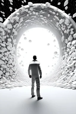 a small man in front of a big white and circle explosion space, 3D render ,contrast