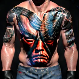 a tough guy with a trump tattoo on chest