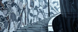 the charoit, the fool and the tower tarot card disaster rendered in magnificient 4d glossy marble stones reflective and wet, like mirrors, little imp on stair