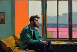 Euan Uglow photo dedicated beautiful a dreaming young beard colored punk guy sits and looks out of the livingroom window, stormy Day, neon pop '80s oil paint-style raw-in Blade Runner living room- by Stanley Kubrick