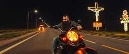 The kebab man driving fast on his motorcycle, fire from the exhaust, widescreen picture, empty road on the country at night, comic style, no helmet and he have a long black beard, neon kebab signs along the road, jesus at his cross