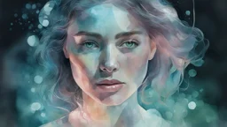 woman, night, watercolor, glow, transparency, lumen, professional photo, 3d, 64k, high resolution, high detail, computer graphics, hyperrealism, f/16, 1/300 s. highly detailed digital painting, double exposure, colors: white, silver, gray, delicate pink, delicate green, delicate blue, beige, delicate lace, pastel photorealistic painting, watercolor, tenderness, pastel,