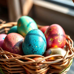 digital photograph of off-center modern basket colorful Easter eggs. eggs display intricate textures in azure, emerald, blush, crimson, sapphire, and gilded metallic hues. cinematic HDR backlighting highlights subtle dimples and glossy reflections, with shallow depth of field softening the sunlit background. hyperrealistic 8k resolution, rustic ambiance,