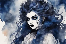 an deeply abstract ink wash and watercolor illustration of a Goth vampire girl with highly detailed hair and facial features , in the abstract expressionist style, indigo and jasper, ragged and torn Victorian costumes, hard , gritty, and edgy depictions, full body, fullshot, vibrant forms, Shironuri and Mori Kei aesthetic, ethereal, otherworldly