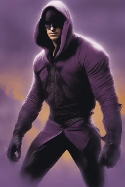 Movie Poster - ((("THE PHANTOM"))), extremely thick, muscular, 6'6'' 18-year-old Billy Zane with extremely exaggerated muscles as the Phantom, long-sleeved, textured, padded purple cotton bodysuit with skintight, formfitting textured purple cotton cowl with ((black eye mask)) and widow peak, black gloves and wrist gauntlets, black boots, double holstered utility belt, skull-shaped belt buckle, glowing, white eyes, standing next to his white horses, captured in a breath-taking explosion of color,