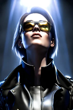 realistic render of jc denton from the deus ex game, a female character age 19 years, wearing sun glasses, Kevlar vest under the leather long coat. front shot is looking up with the light ray coming from above on his face
