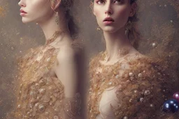 double exposure, merged layers, Beautiful composition of different fabrics, embroidered tulle with jewels, lace and raw pearls, silk, velvet, burlap, double exposure, heart, waterfall, golden glitters in sunshine