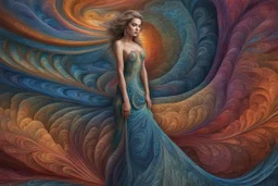 Nice tall woman in long casual fractal dress, stunning, vibrant harmonic colors, fractal textures, high detailed, sharp focus, stunning, etheral fantasy, masterpiece