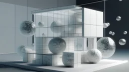 Digital architectural model of a minimalist house made of hollow stone cubes and frosted glass spheres, inhabited by a woman.